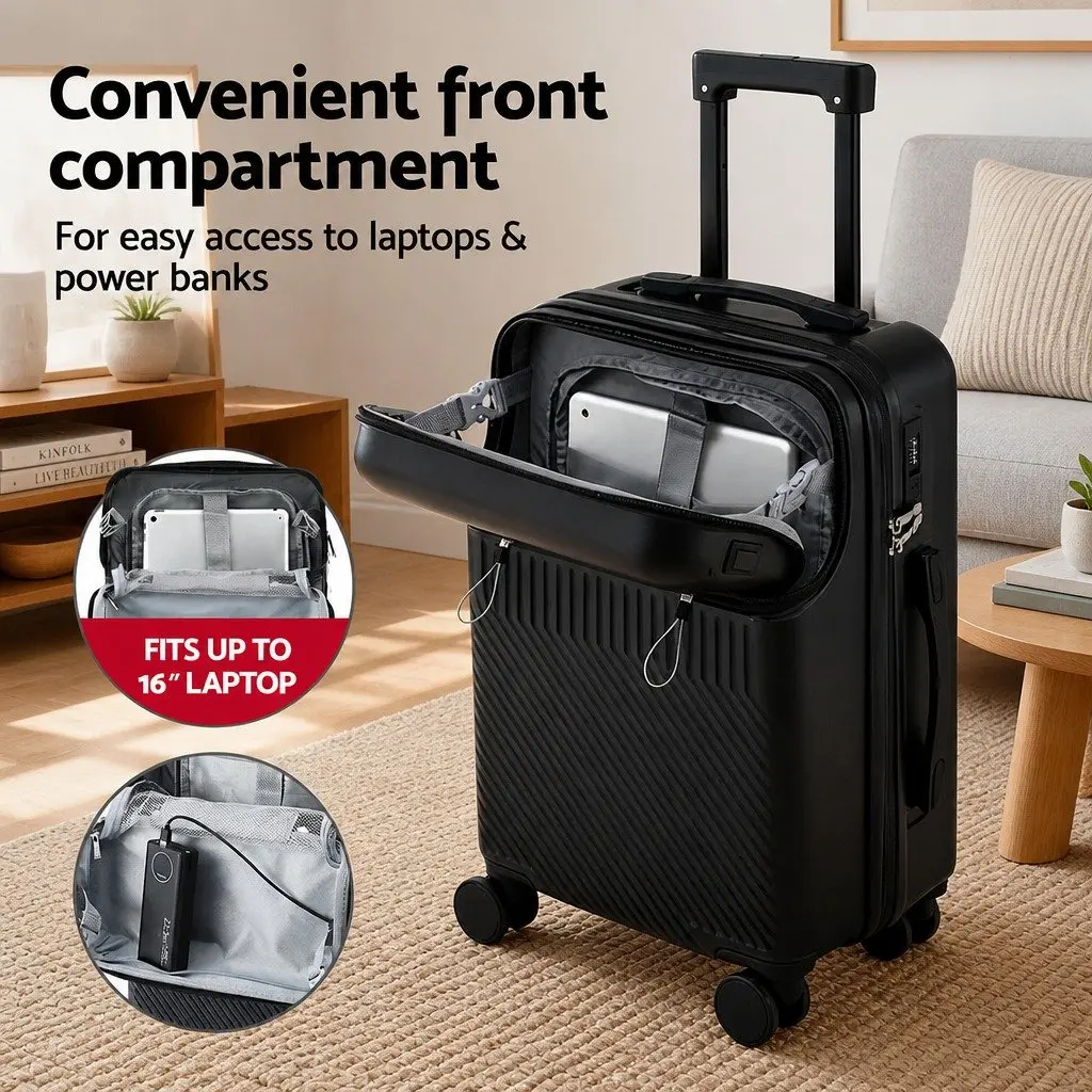 20 Inch Carry On Luggage Suitcase Front Pocket with TSA Lock Black Travel Case Spinner