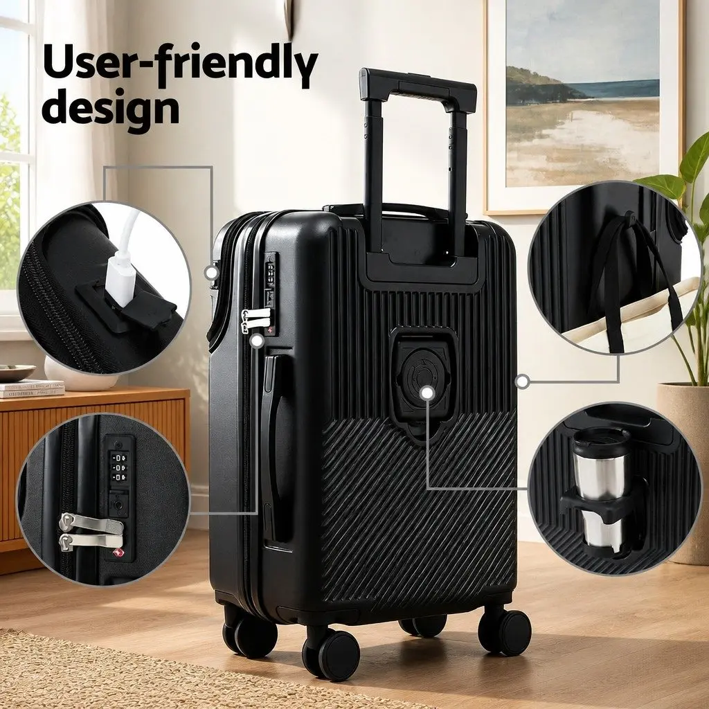 20 Inch Carry On Luggage Suitcase Front Pocket with TSA Lock Black Travel Case Spinner