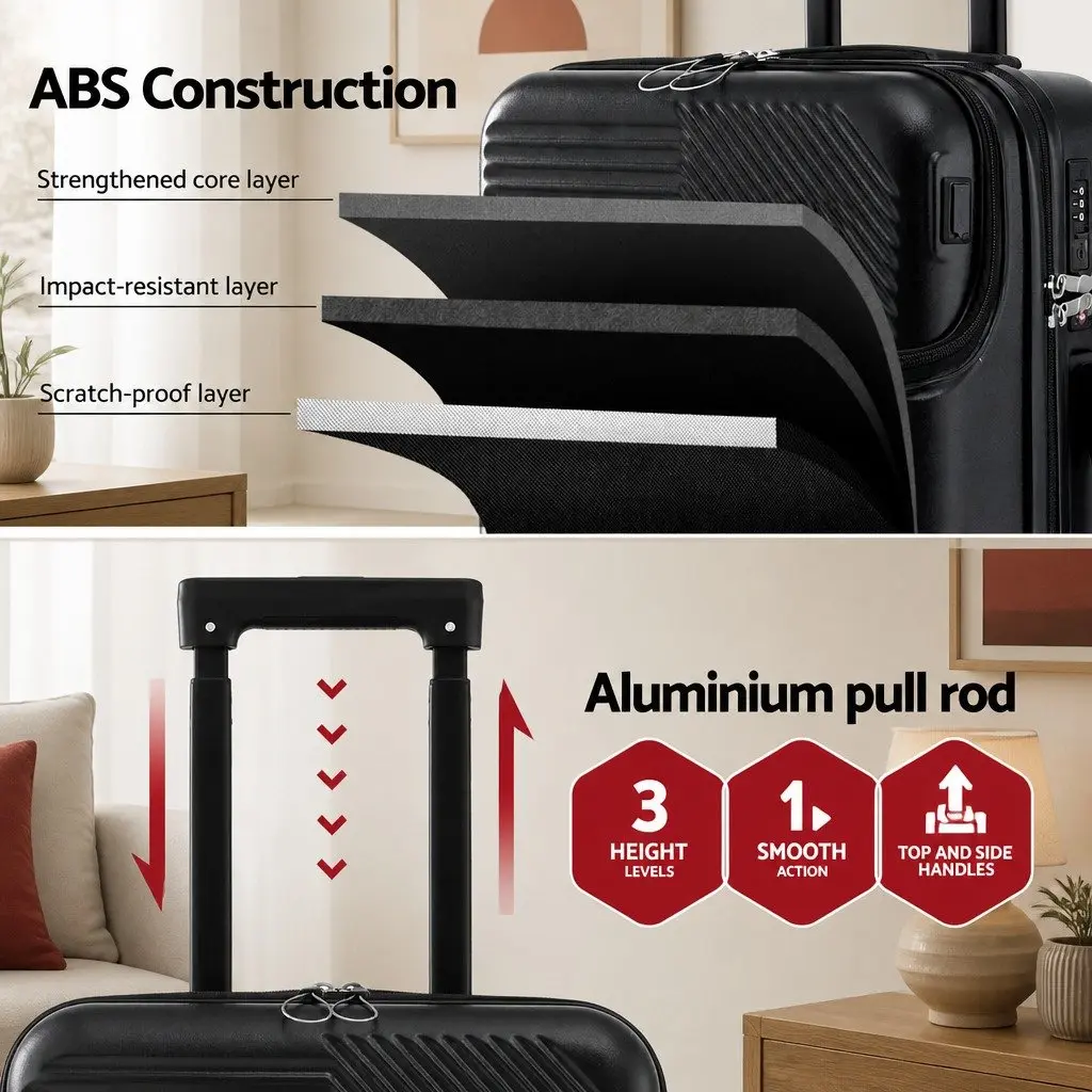 20 Inch Carry On Luggage Suitcase Front Pocket with TSA Lock Black Travel Case Spinner
