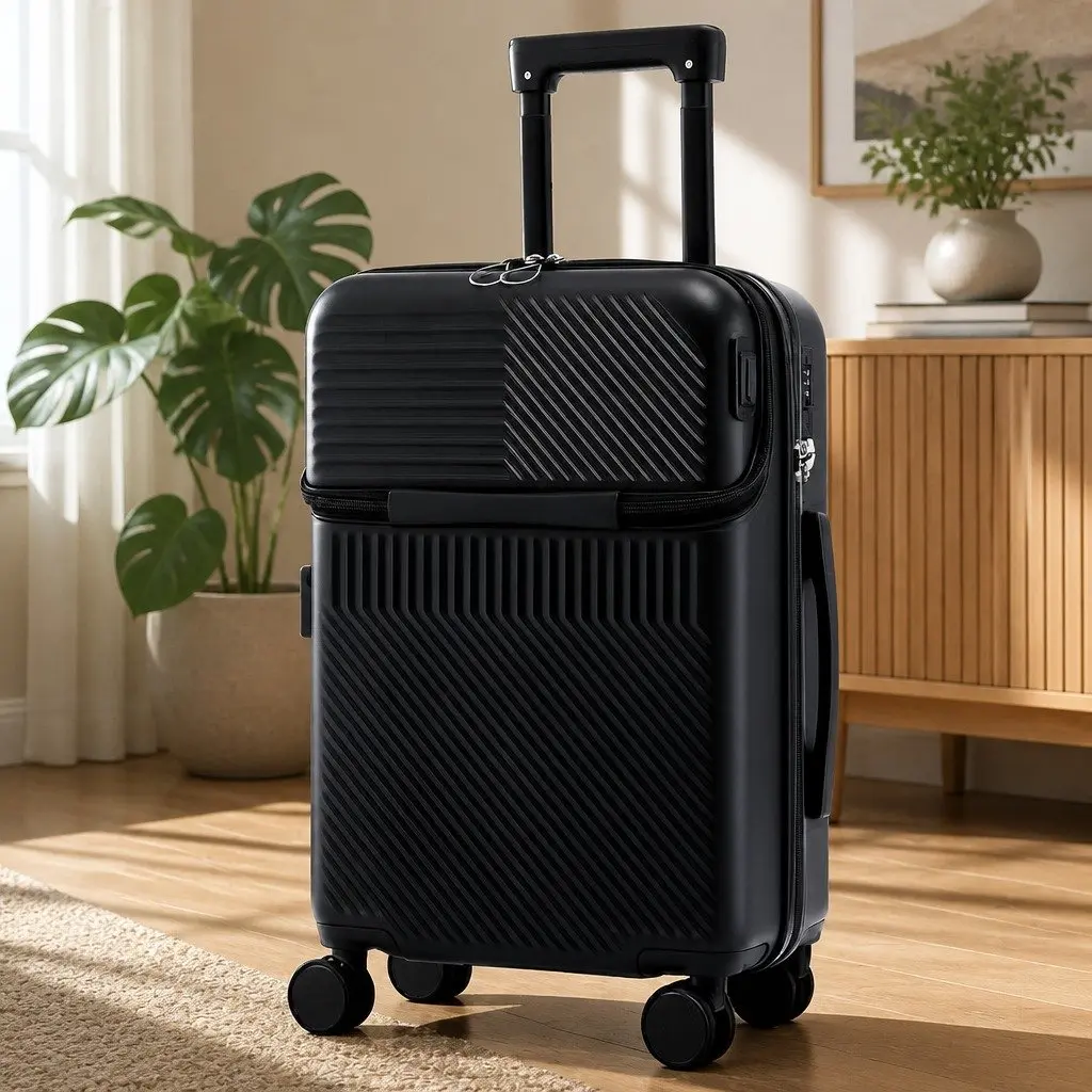 20 Inch Carry On Luggage Suitcase Front Pocket with TSA Lock Black Travel Case Spinner