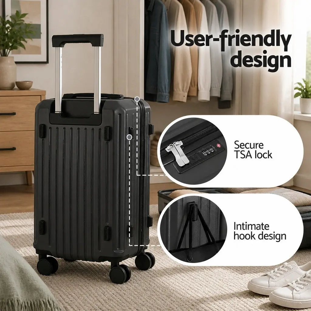 20 Inch Trunk Luggage Suitcase Black Carry On Travel Trolley Case with TSA Lock and Spinner Wheels