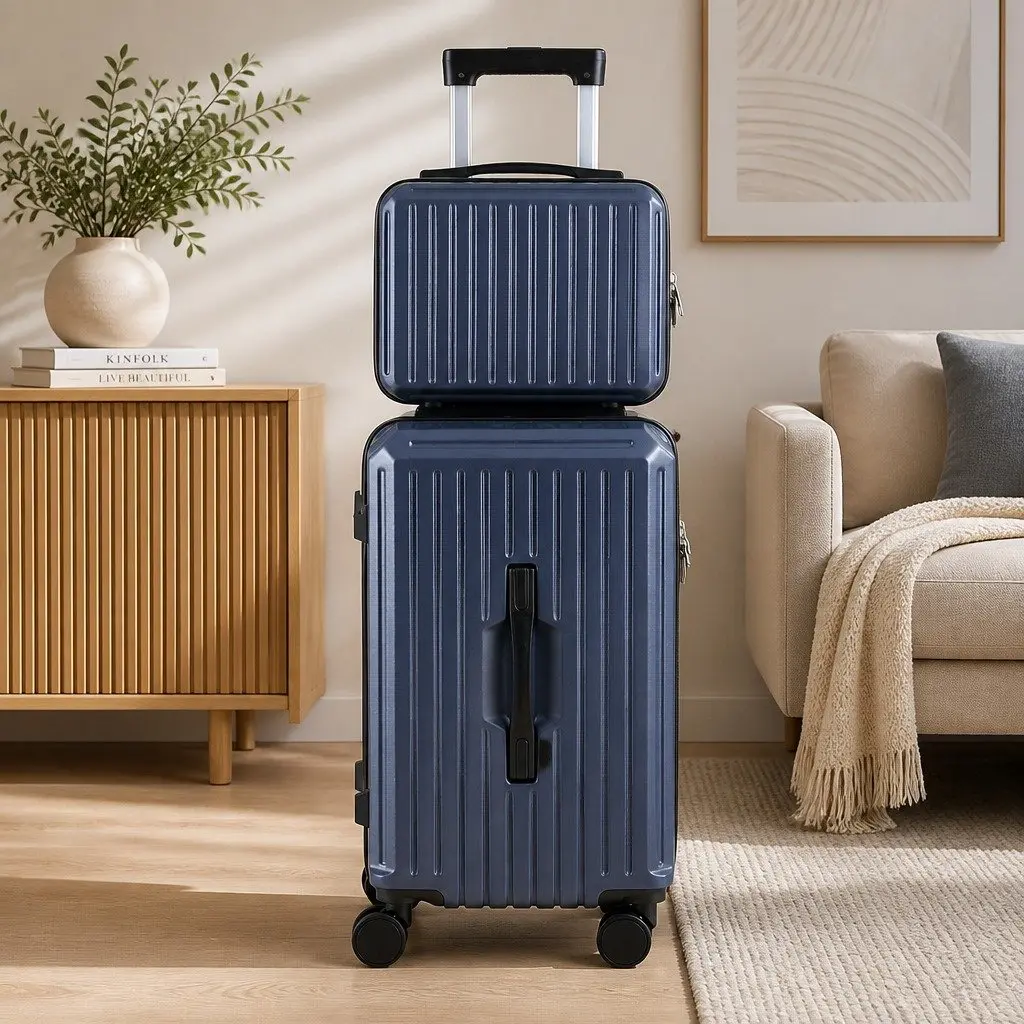 Trunk Luggage Suitcase Set 2pcs Travel Carry On Hard Shell 12" 20" Navy Blue