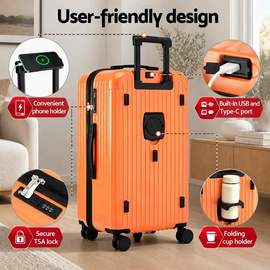 28" Trunk Luggage Suitcase Orange Hard Shell Travel Case 5 Wheels USB Type-C
