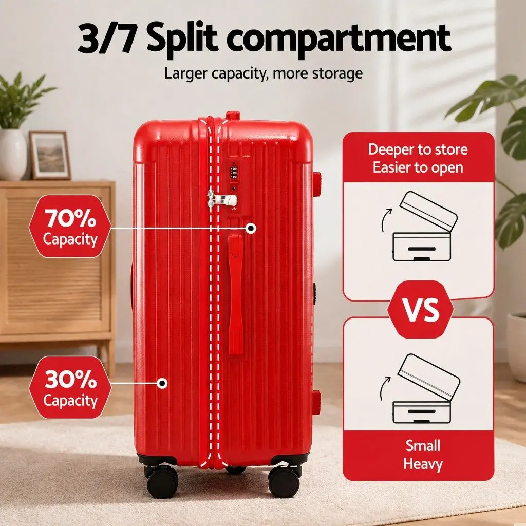 28" Trunk Luggage Suitcase Hard Case Travel Trolley Bag 5 Wheels USB Port Red