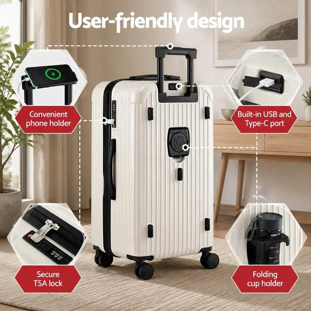28" Trunk Luggage Suitcase Hard Shell Travel Case 5 Wheels USB Type-C Port Lock