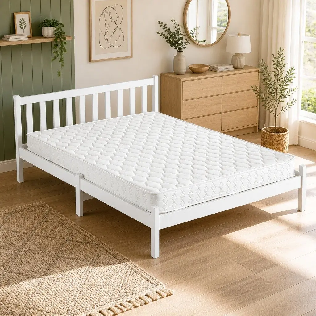 Double Mattress with Wooden Bed Frame Natural Pine Timber Base White 198cm x 145cm x 69cm