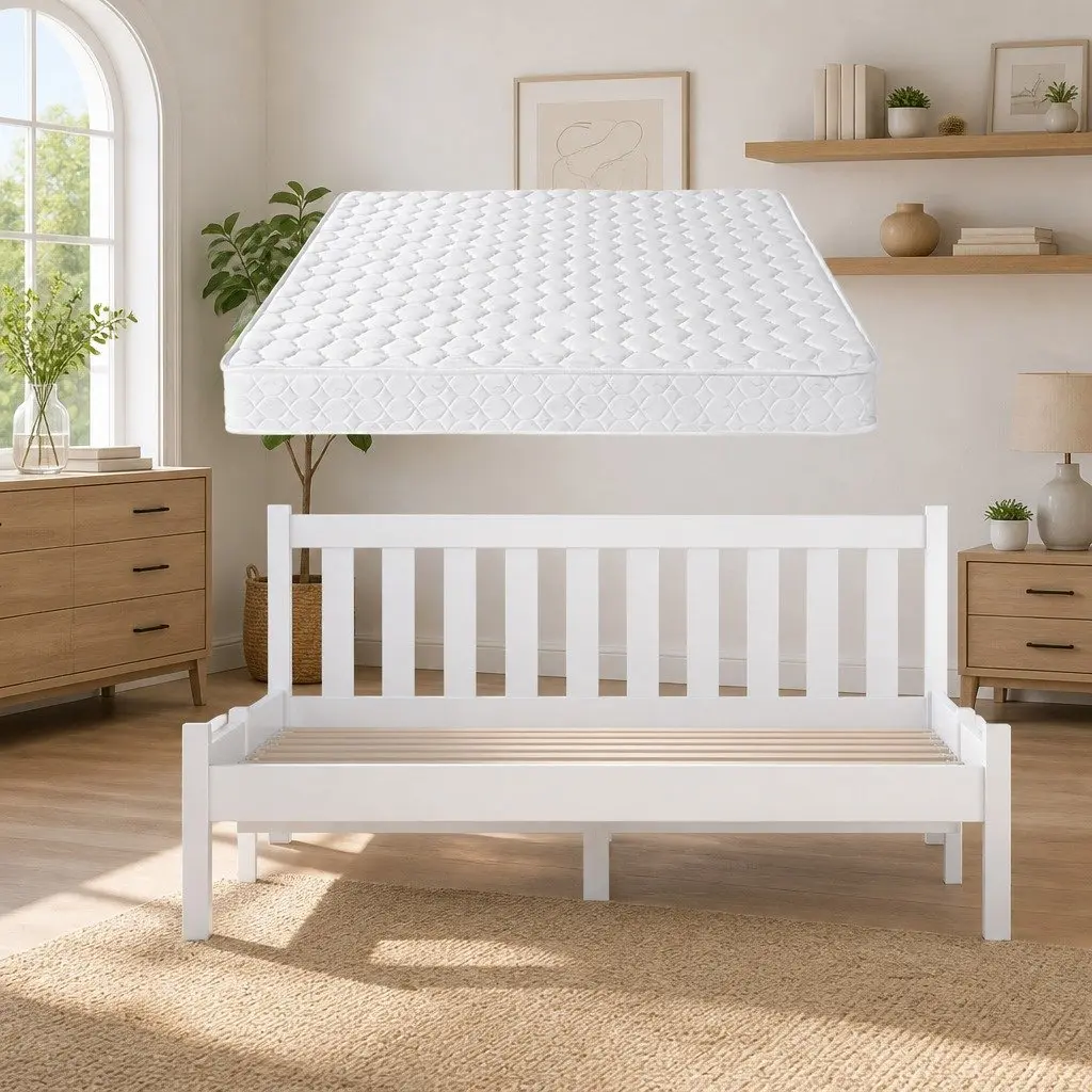 Double Mattress with Wooden Bed Frame Natural Pine Timber Base White 198cm x 145cm x 69cm