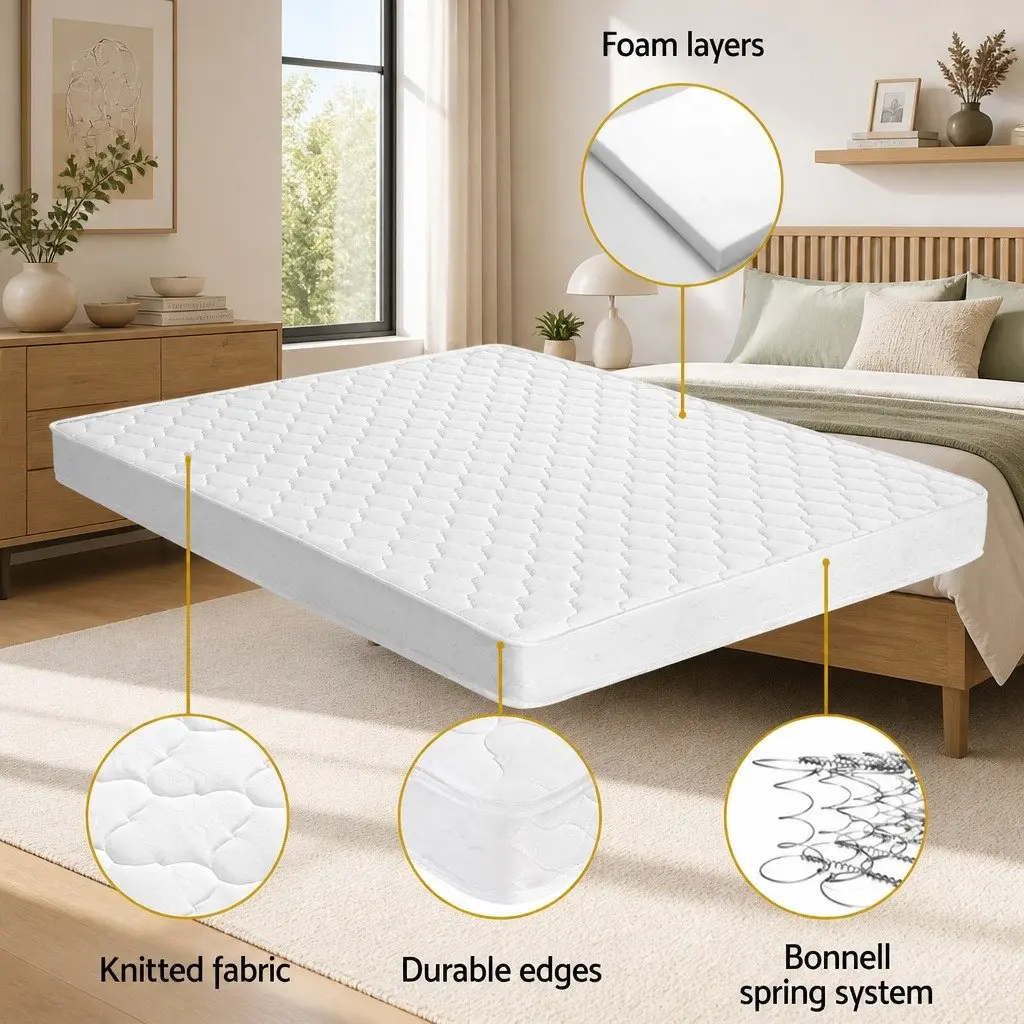 Double Mattress with Wooden Bed Frame Natural Pine Timber Base White 198cm x 145cm x 69cm