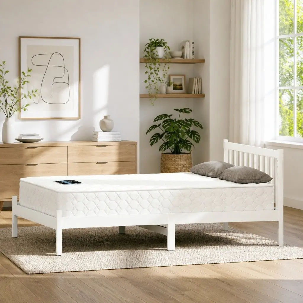 Double Mattress with Wooden Bed Frame Natural Pine Timber Base White 198cm x 145cm x 69cm