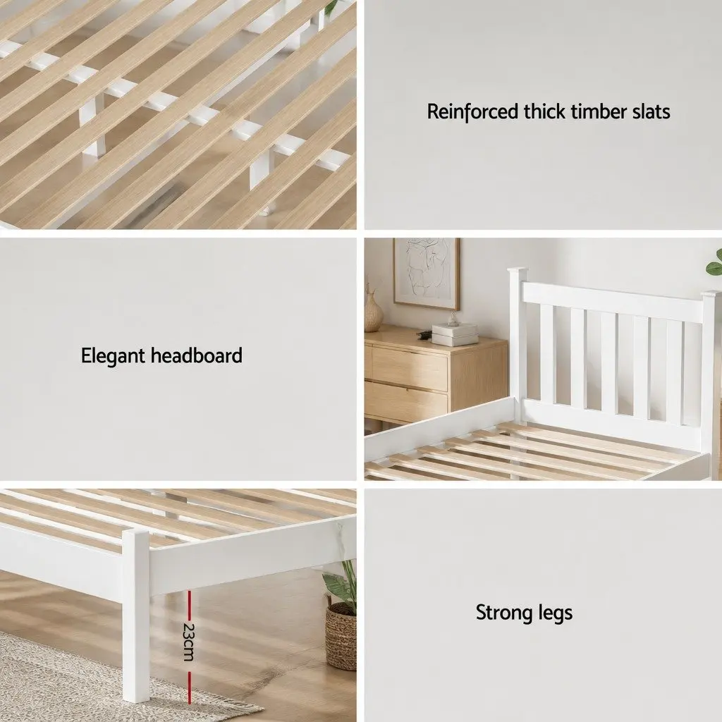 Double Mattress with Wooden Bed Frame Natural Pine Timber Base White 198cm x 145cm x 69cm