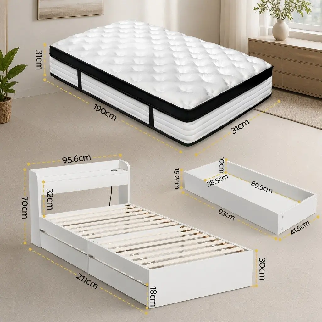 Single Mattress 5-Zone Pocket Spring with Wooden Storage Bed Frame