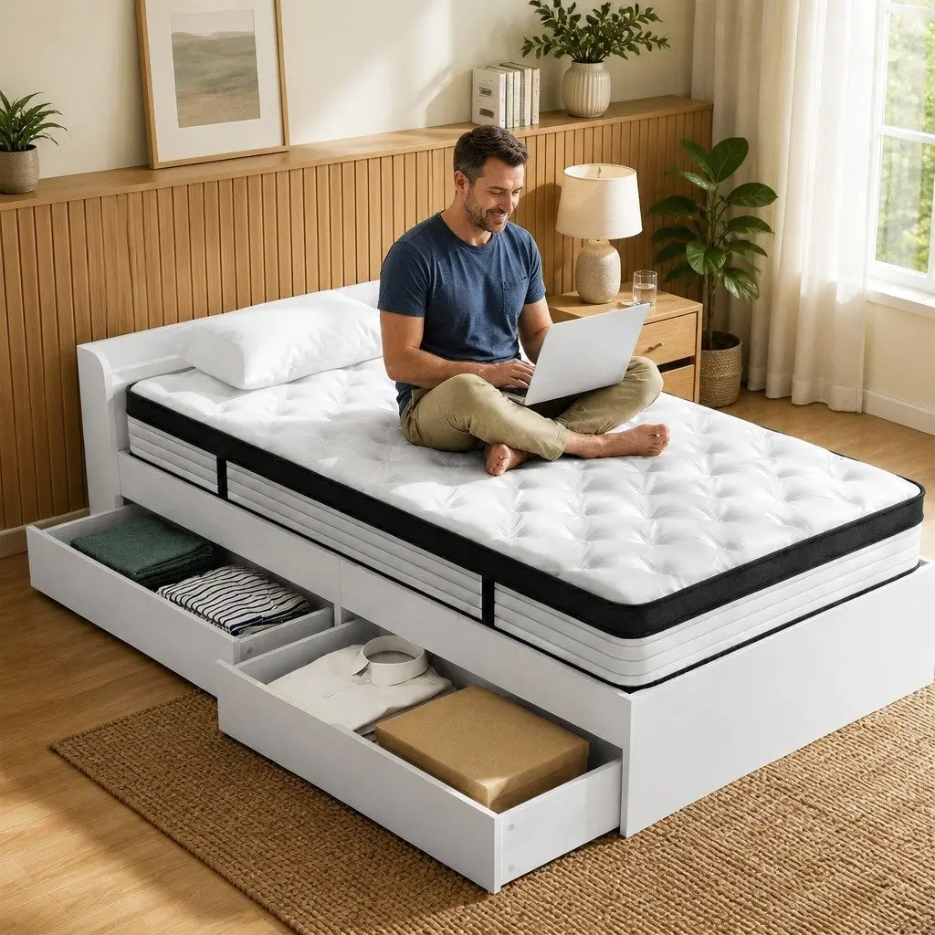 Single Mattress 5-Zone Pocket Spring with Wooden Storage Bed Frame