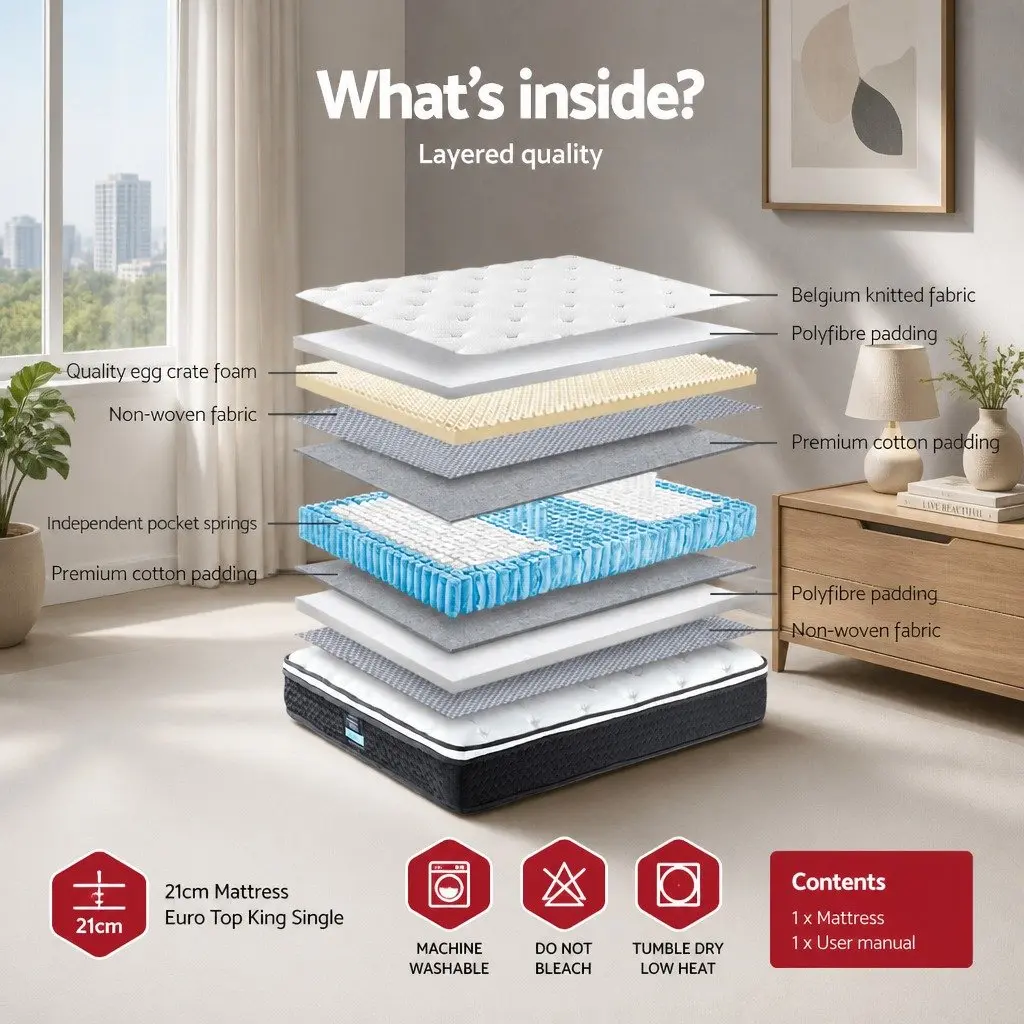 King Single Mattress Medium Firm Support 21cm Euro Top Bonnell Spring