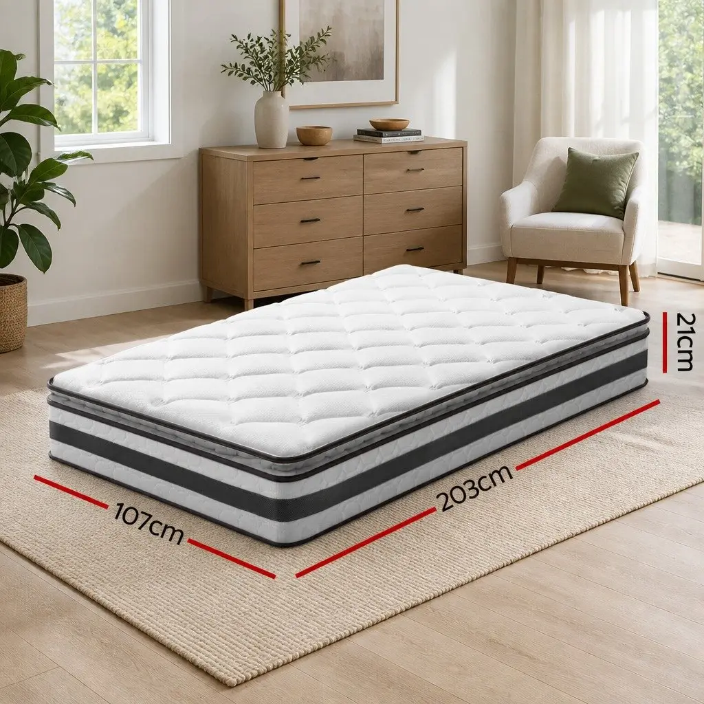 King Single Mattress Pillow Top 21cm Medium Firm Bonnell Spring Breathable