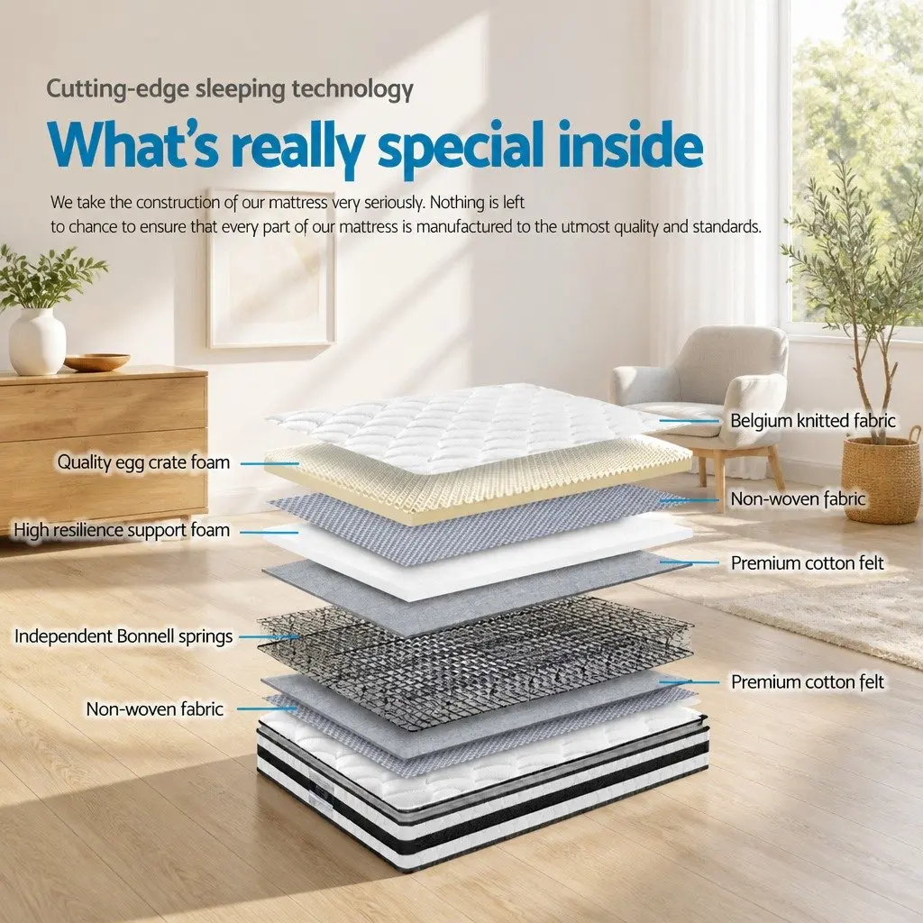 King Single Mattress Pillow Top 21cm Medium Firm Bonnell Spring Breathable