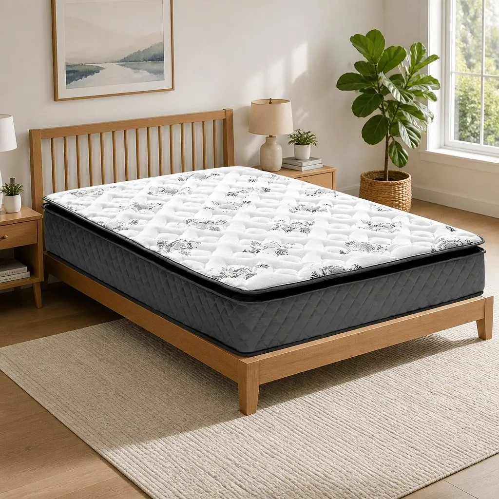 King Single Pillow Top Mattress 24cm Bonnell Springs Medium Firm Grey Bed