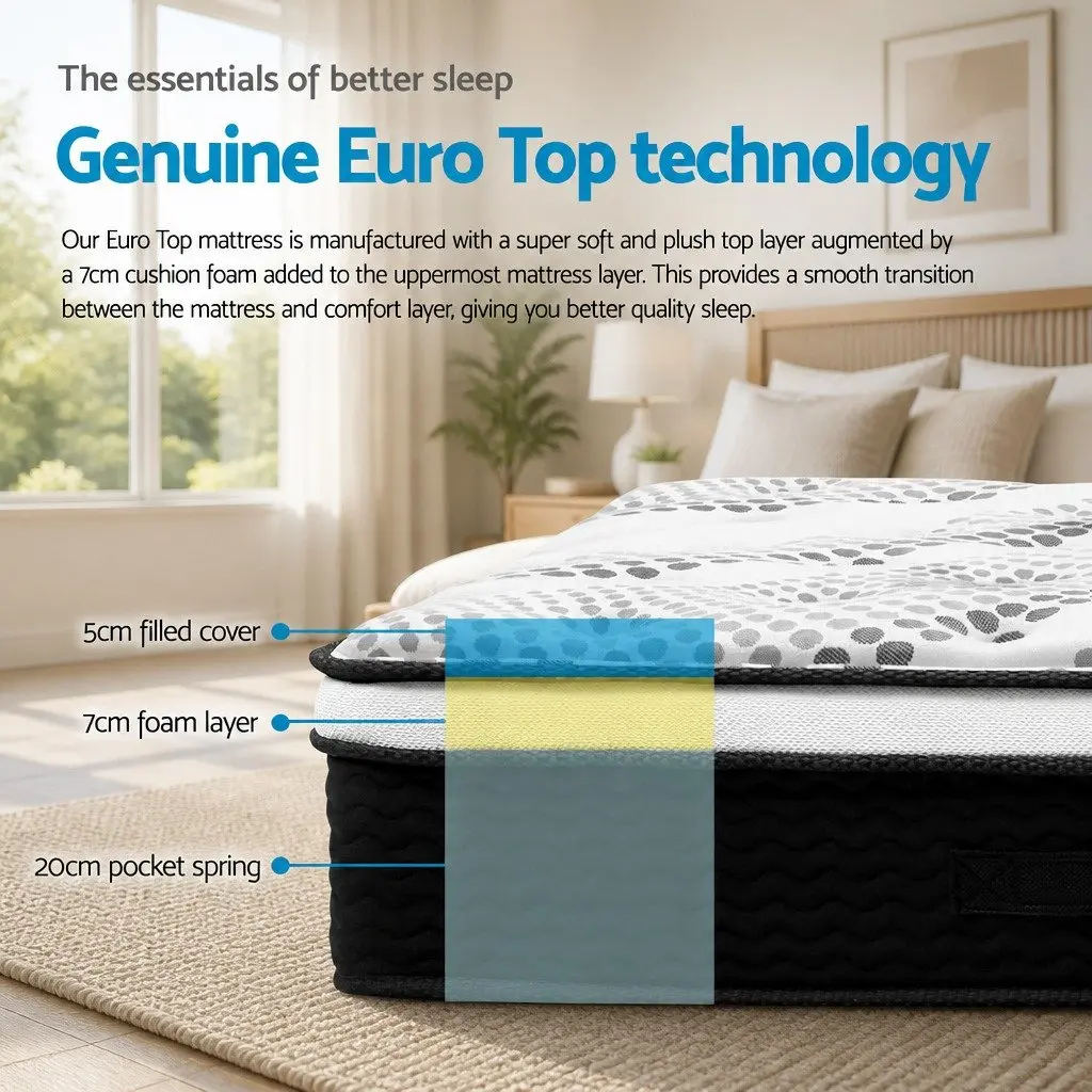 Queen Mattress 32cm Euro Top Pocket Spring Medium Firmness Bed Mattress
