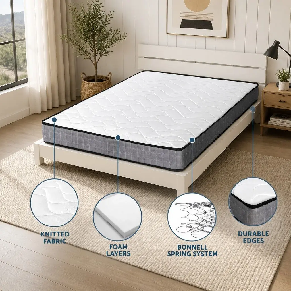 Double Mattress 13cm Medium Firm Bonnell Spring Tight Top Black White