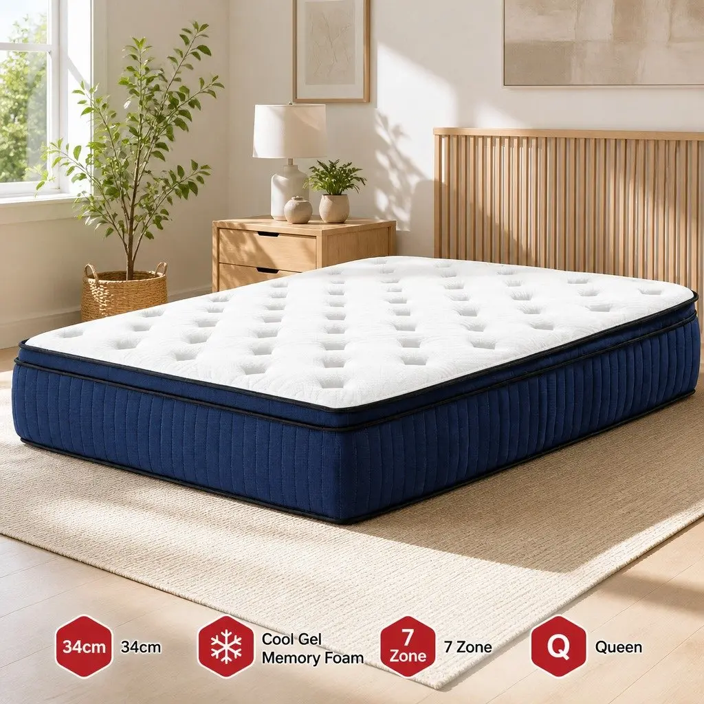 Queen Mattress 34cm Cool Gel Memory Foam 7 Zone Pocket Spring Euro Top Bed