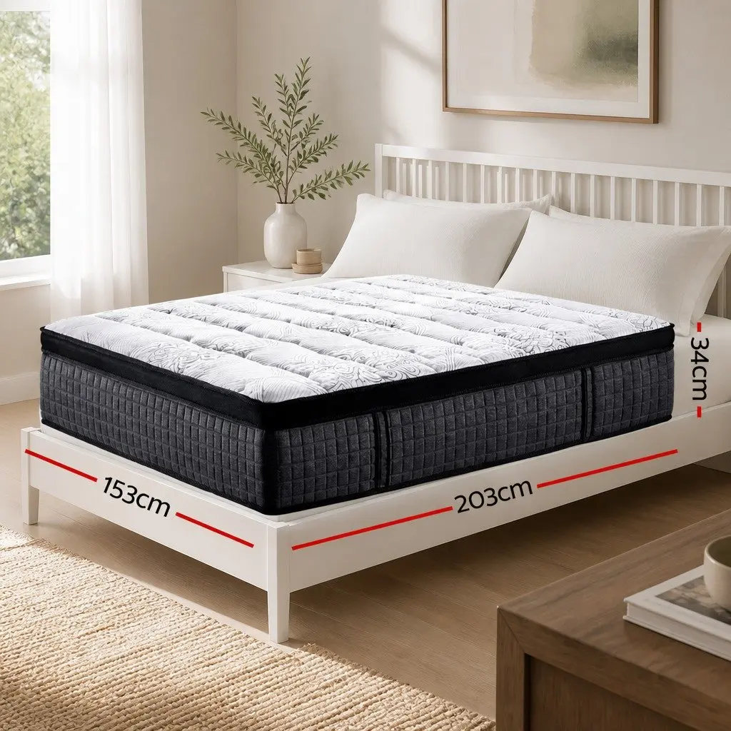 Queen Mattress Euro Top 34cm 9 Zone Pocket Spring Latex Foam Medium Firm