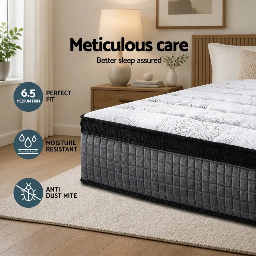 Queen Mattress Euro Top 34cm 9 Zone Pocket Spring Latex Foam Medium Firm