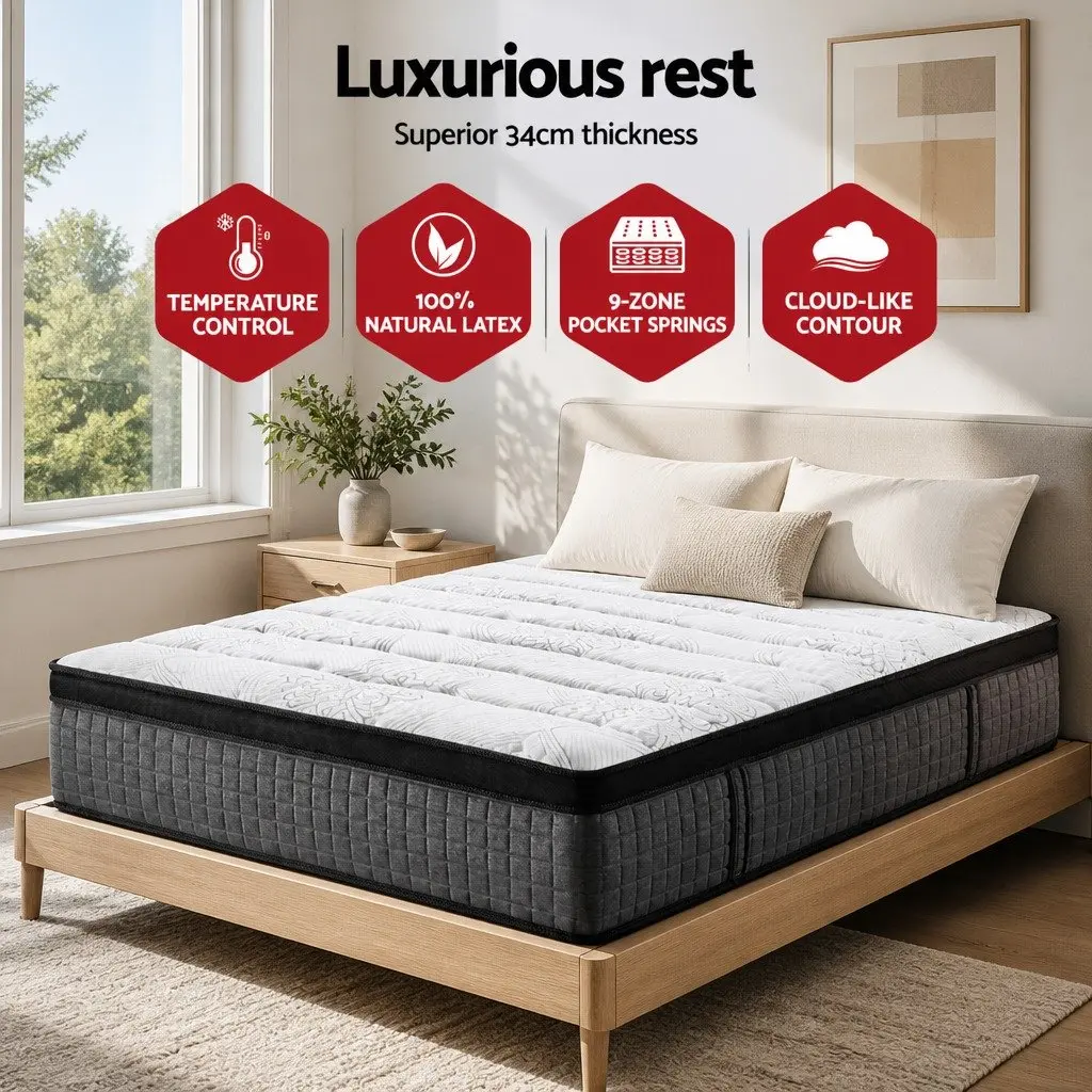 Single Mattress Medium Firm Euro Top 34cm 9 Zone Pocket Spring Latex Foam