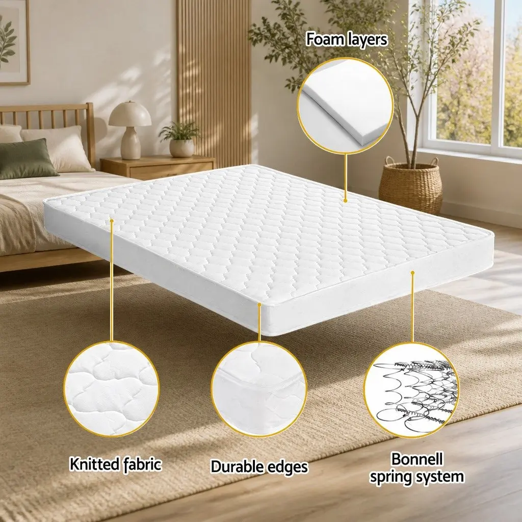 King Single Medium Firm Bonnell Spring Mattress 13cm Tight Top White