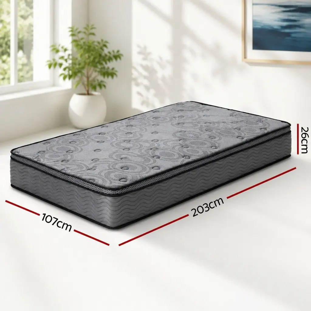 King Single Mattress Medium Firm Euro Top 26cm Pocket Spring Memory Foam Grey