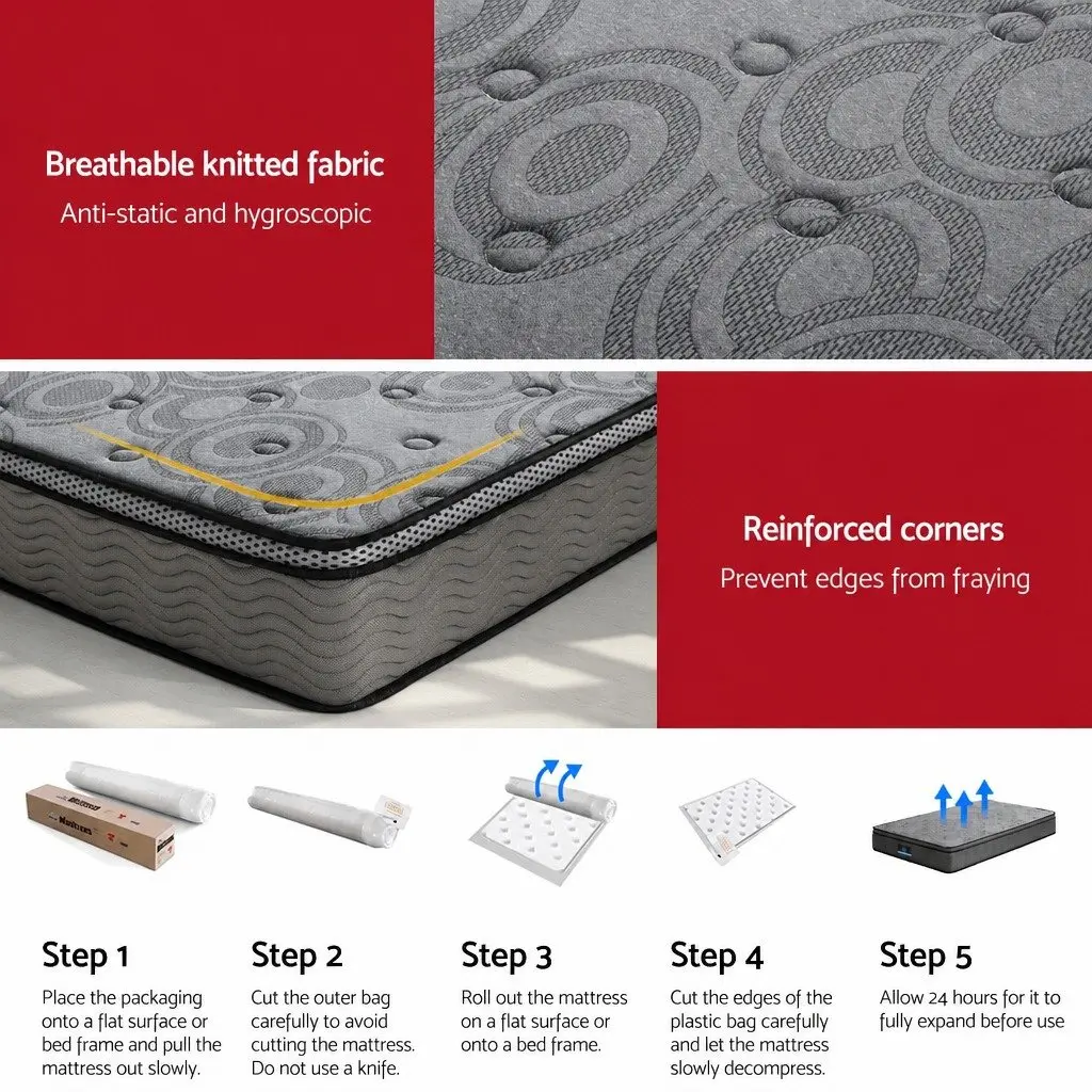 King Single Mattress Medium Firm Euro Top 26cm Pocket Spring Memory Foam Grey