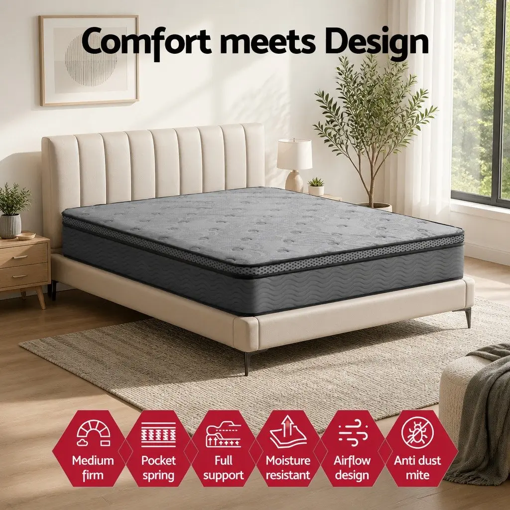 Queen Mattress Medium-Firm Euro Top 26cm Pocket Spring Memory Foam Grey
