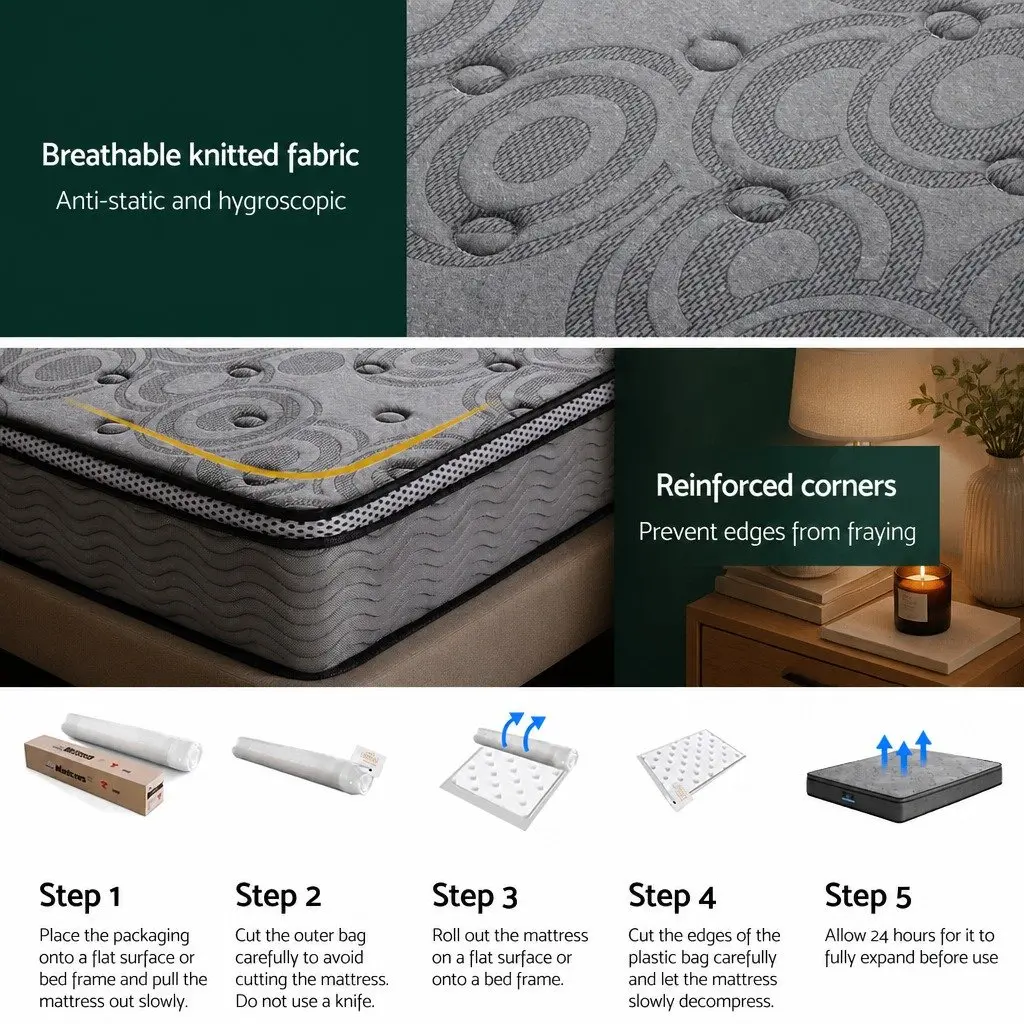 Queen Mattress Medium-Firm Euro Top 26cm Pocket Spring Memory Foam Grey