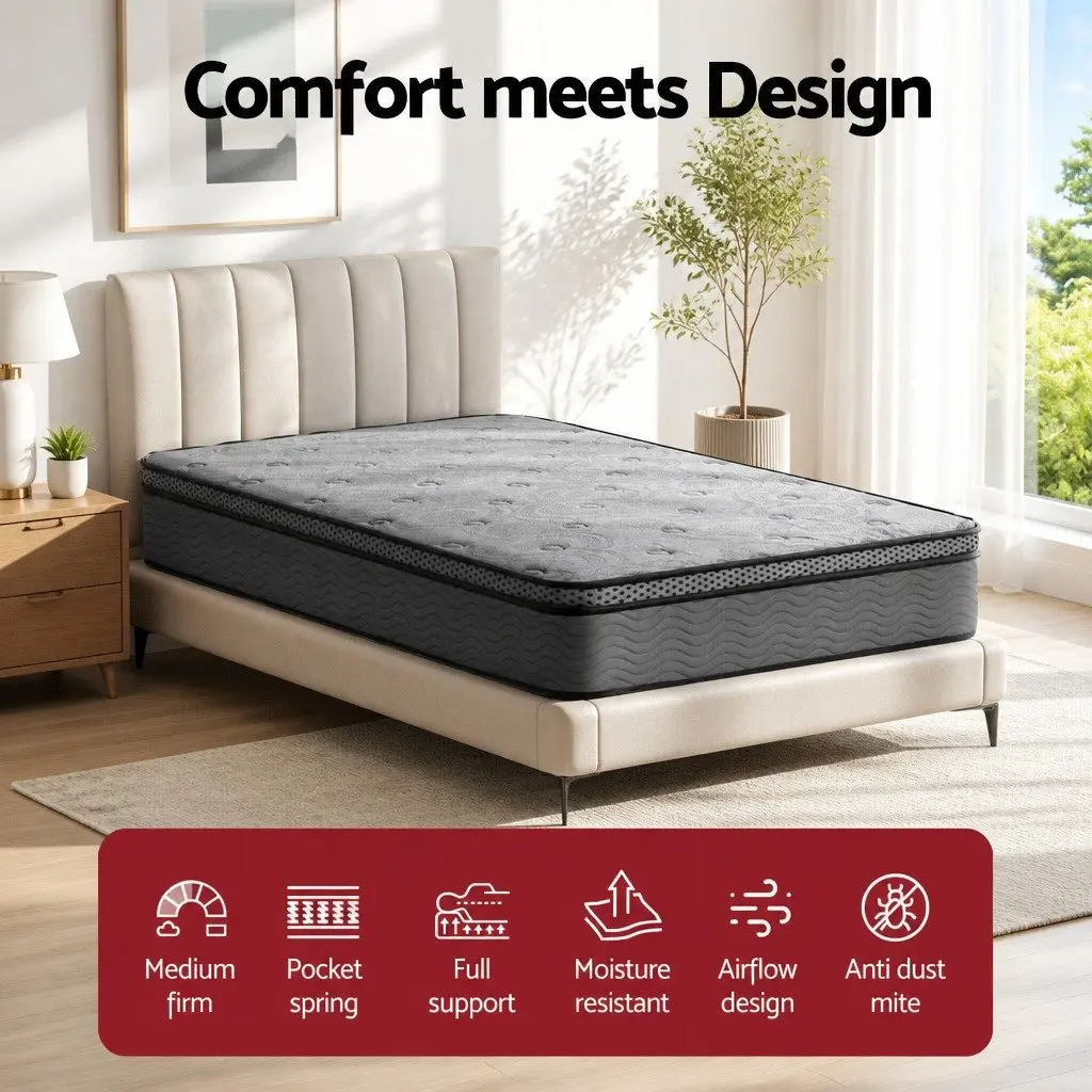 Single Mattress Euro Top 26cm Thick Medium Firm Pocket Spring Memory Foam Grey