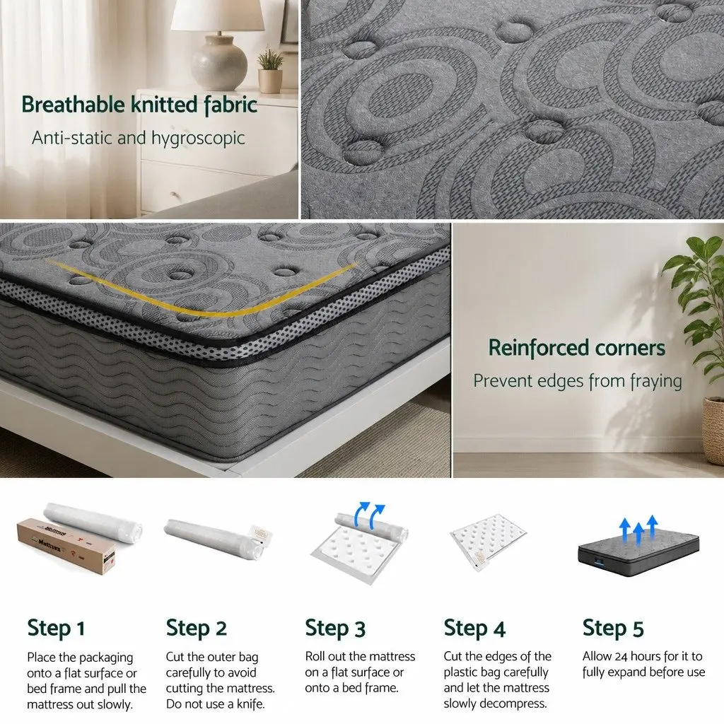 Single Mattress Euro Top 26cm Thick Medium Firm Pocket Spring Memory Foam Grey