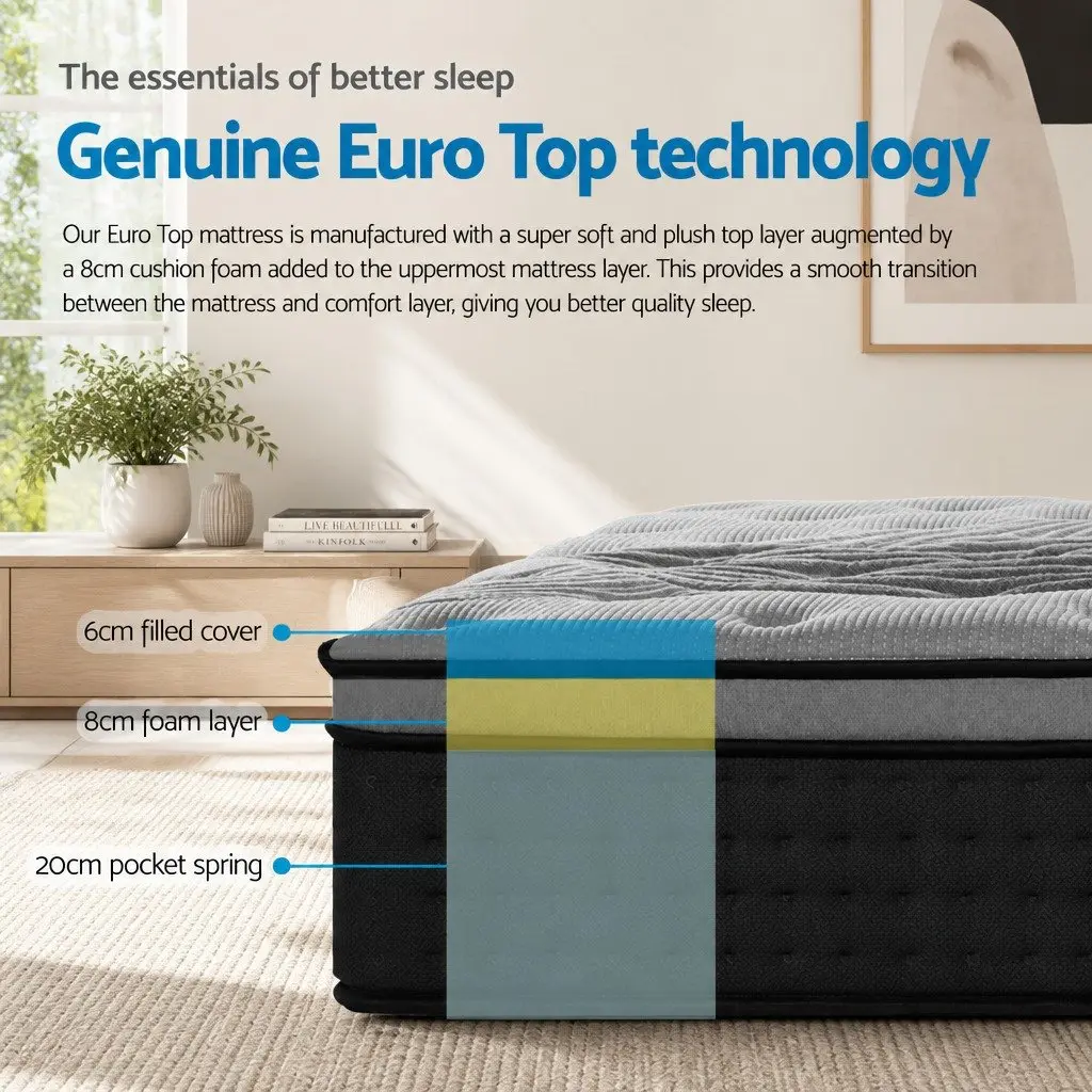 Double Mattress Euro Top 34cm Medium Firm Pocket Spring Bamboo Charcoal Cover