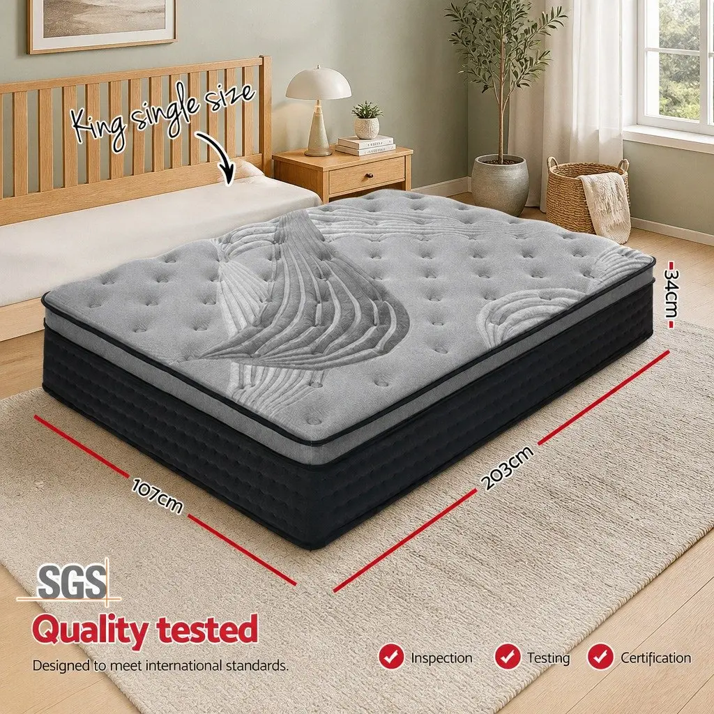 King Single Mattress 34cm Medium-Firm Euro Top Pocket Spring Bed Grey