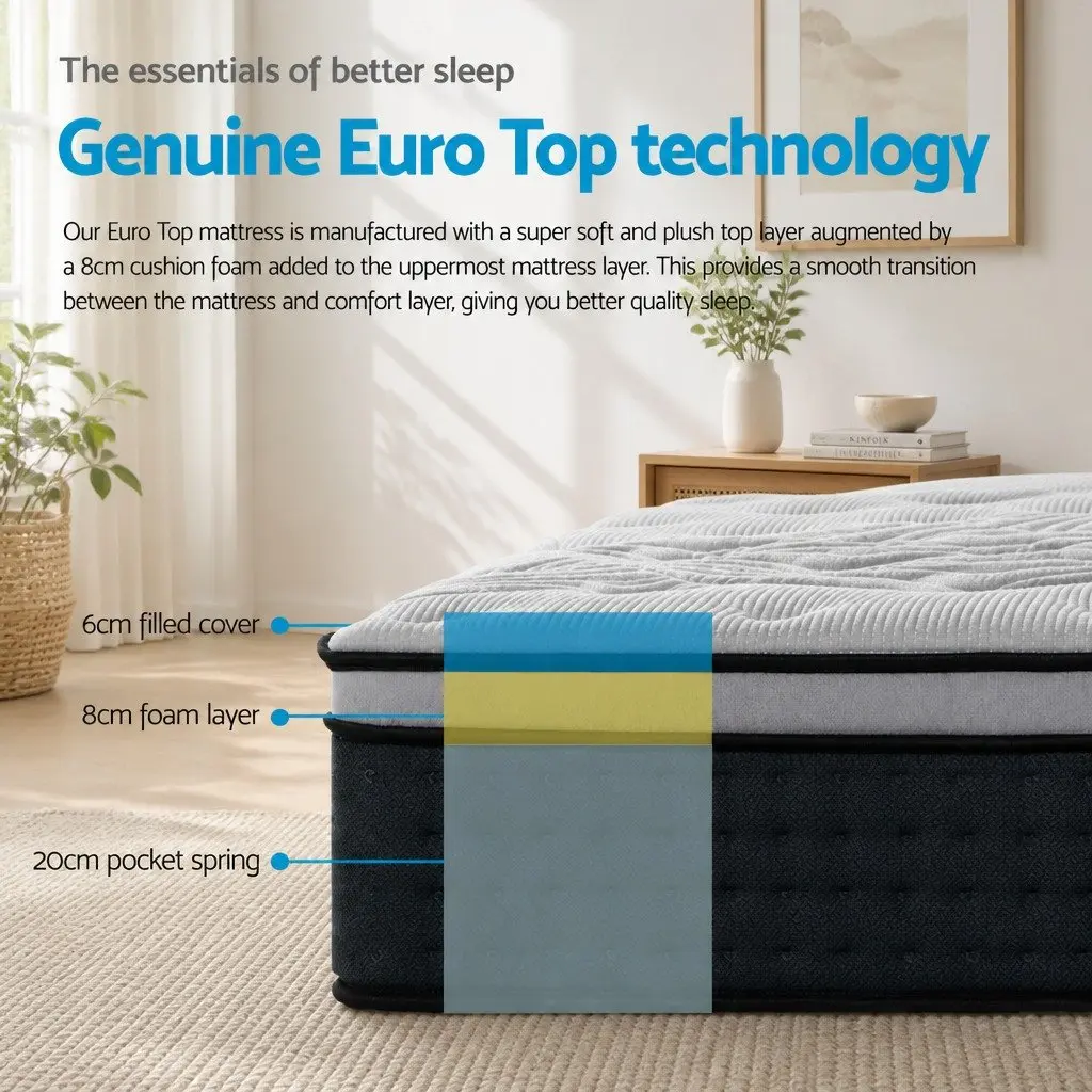 Queen Mattress Medium-Firm Support 34cm Bamboo Charcoal Pocket Spring Euro Top