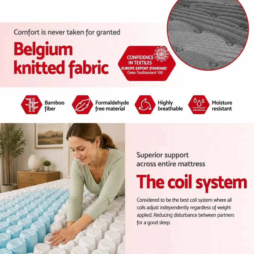 Queen Mattress Medium-Firm Support 34cm Bamboo Charcoal Pocket Spring Euro Top
