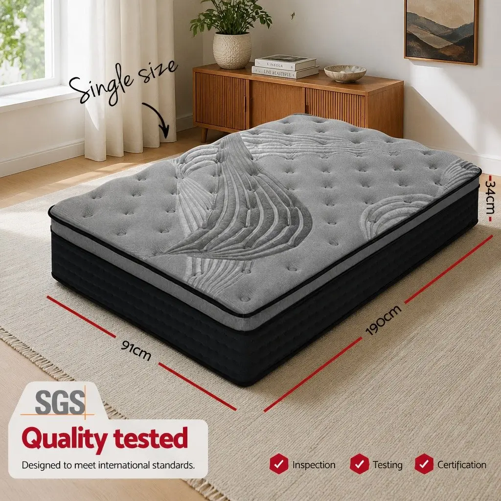 Single Mattress Euro Top Bamboo Charcoal Grey Medium-Firm 34cm Thick Pocket Spring