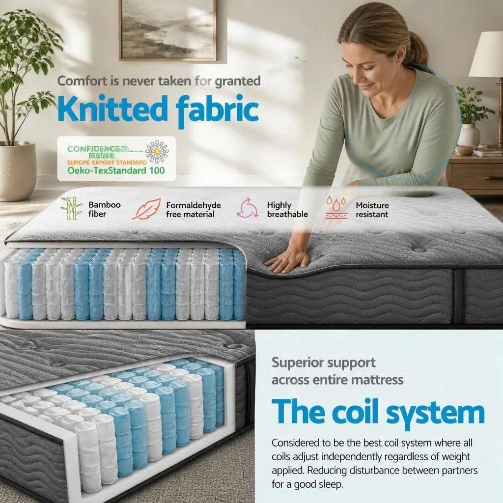 Single Mattress Euro Top Bamboo Charcoal Grey Medium-Firm 34cm Thick Pocket Spring