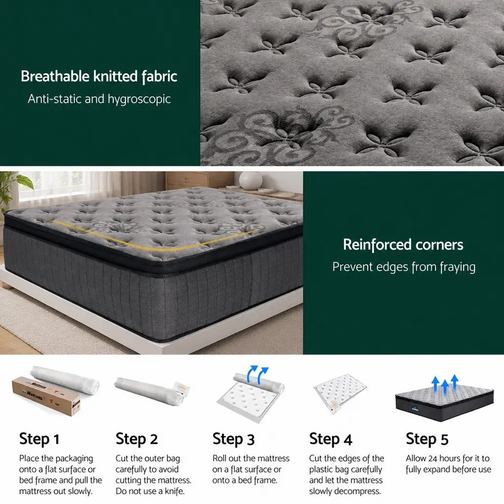 Double Mattress Euro Top 34cm Medium-Firm Pocket Spring Gel Memory Foam Grey