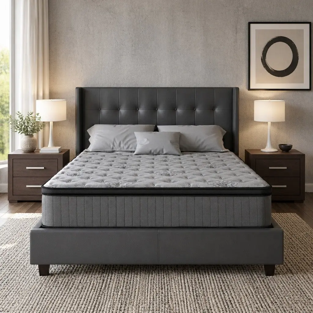 Queen Mattress Grey 34cm Medium Firm Euro Top Pocket Spring Support