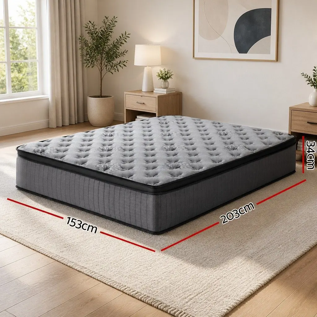 Queen Mattress Grey 34cm Medium Firm Euro Top Pocket Spring Support