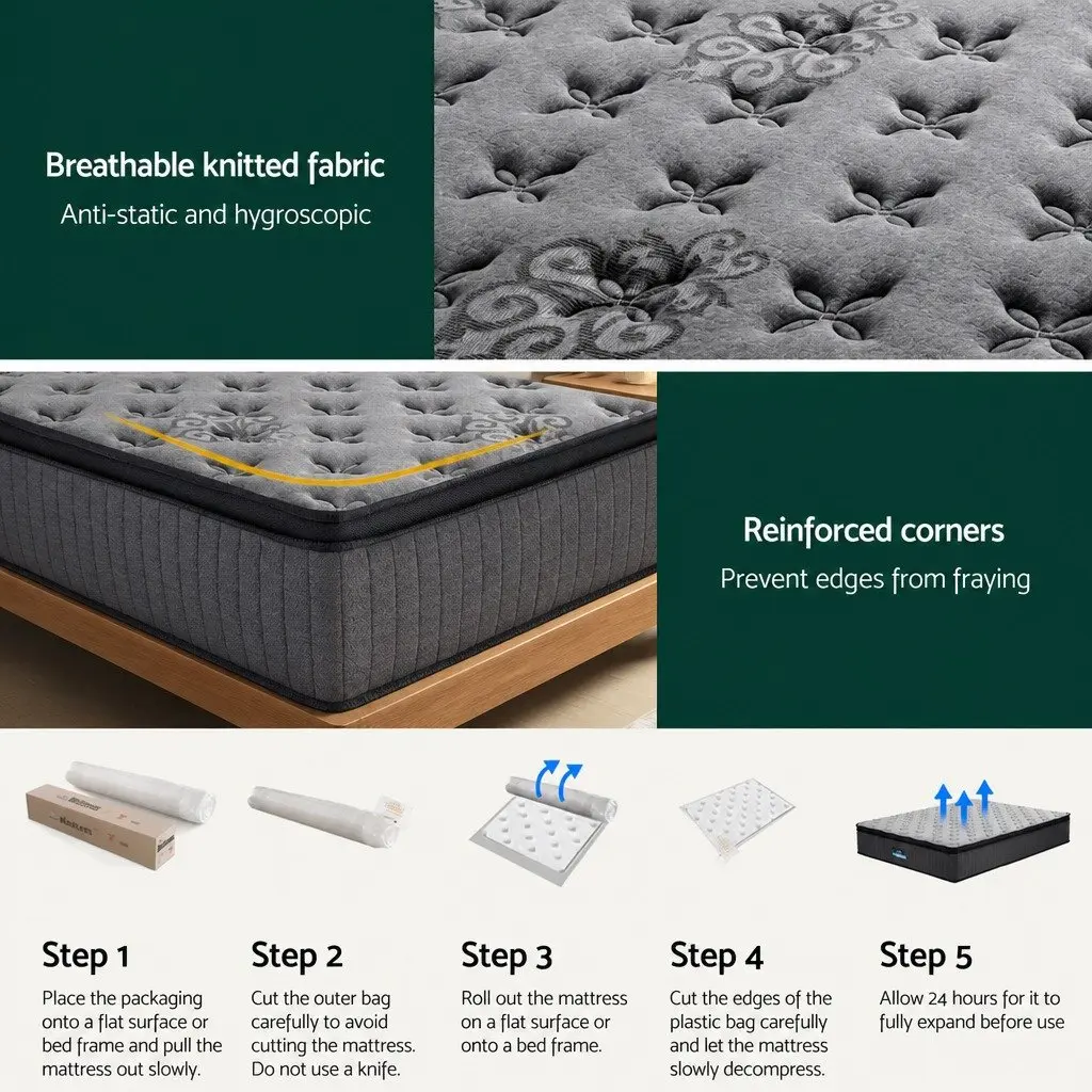 Queen Mattress Grey 34cm Medium Firm Euro Top Pocket Spring Support