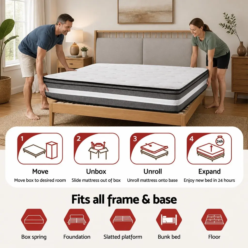 Double Mattress Gel Memory Foam Pocket Spring Euro Top 30cm Medium Firm Grey