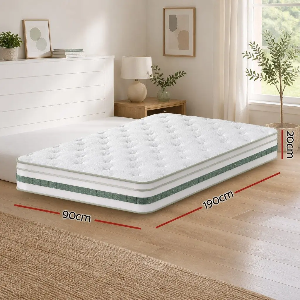 Single Mattress Green Tea Foam 20cm Euro Top Pocket Spring Medium Firm Support