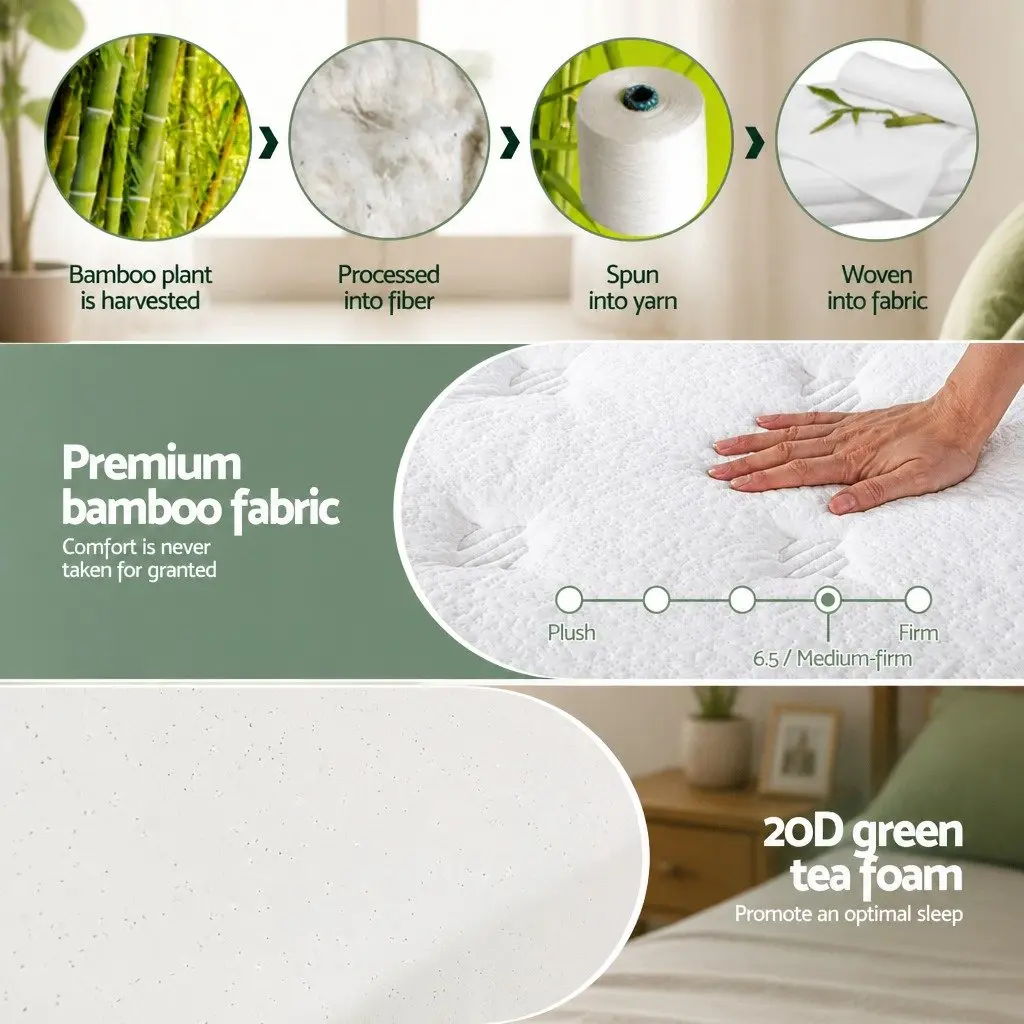 Single Mattress Green Tea Foam 20cm Euro Top Pocket Spring Medium Firm Support