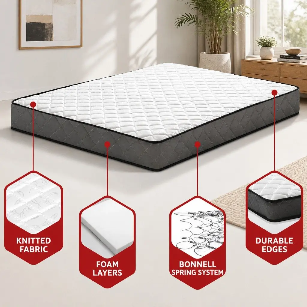 King Single Bonnell Spring Medium Firm Quilted Mattress 16cm White