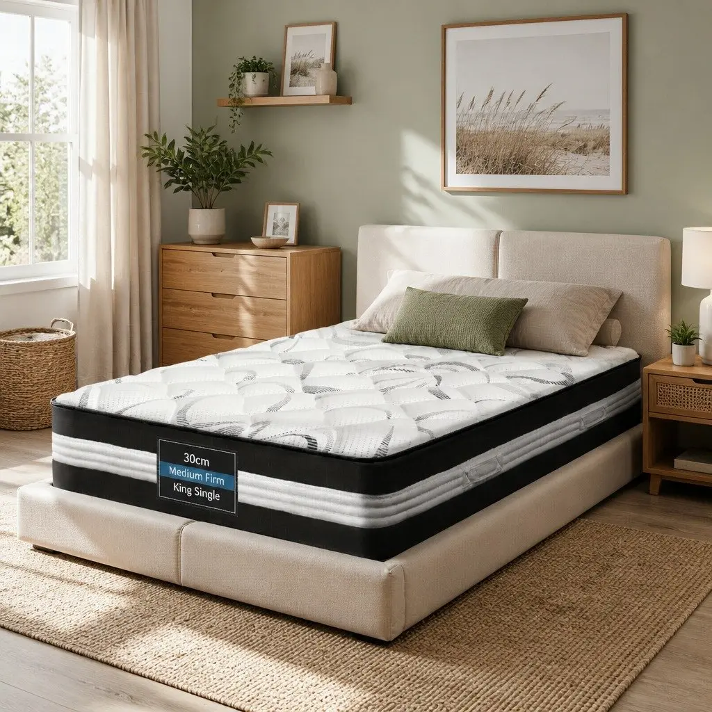 King Single Mattress 30cm Medium Firm Pocket Spring Support Breathable