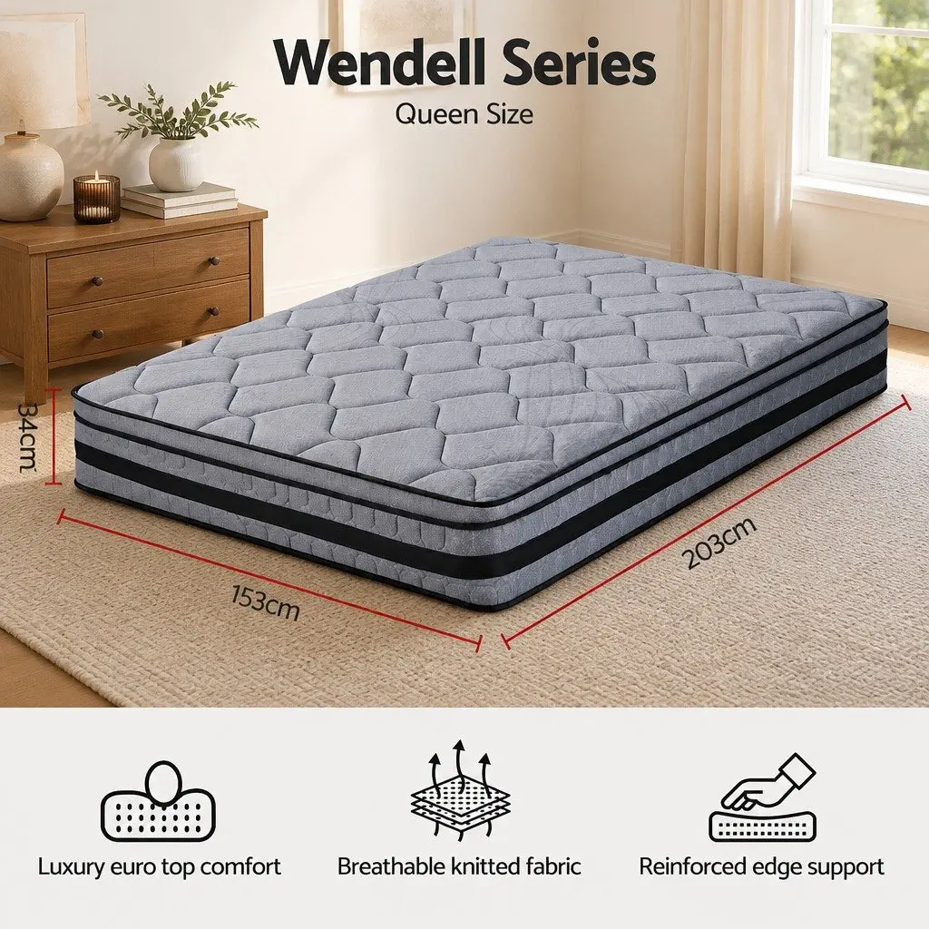 Queen Mattress 34cm Hybrid Pocket Spring Bed Euro Top Medium Firm Support