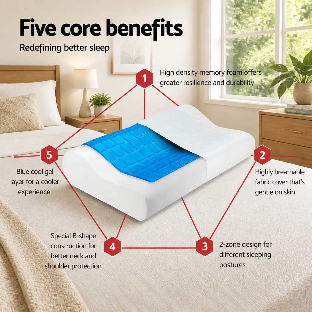 Memory Foam Contour Pillow Cool Gel Top Neck Support Twin Pack 50cm x 30cm x 10cm White